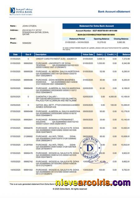 Qatar Doha Bank account e-statement Word and PDF